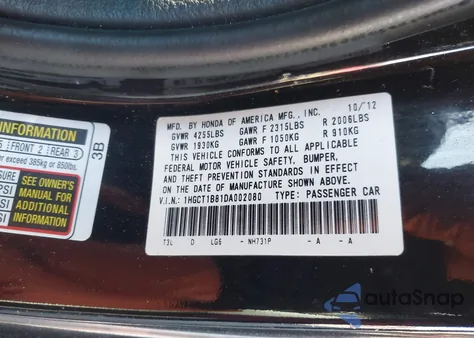 2013 Honda Accord Ex-L из США, поврежденный, VIN 1HGCT1B81DA002080